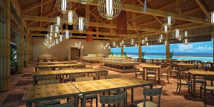 Nhà hàng Hương Biển được thiết kế theo lối kiến trúc hiện đại, độc đáo, lại không kém phần sang trọng, thanh lịch
