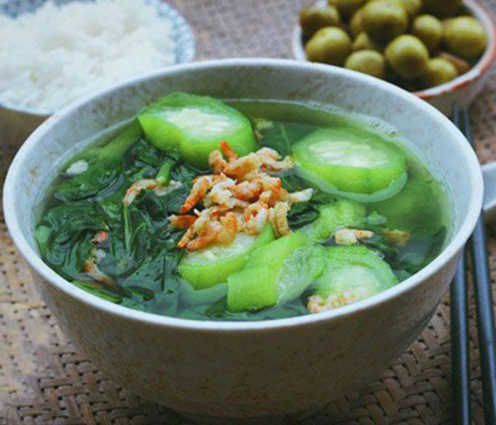Canh tôm khô mồng tơi + mướp